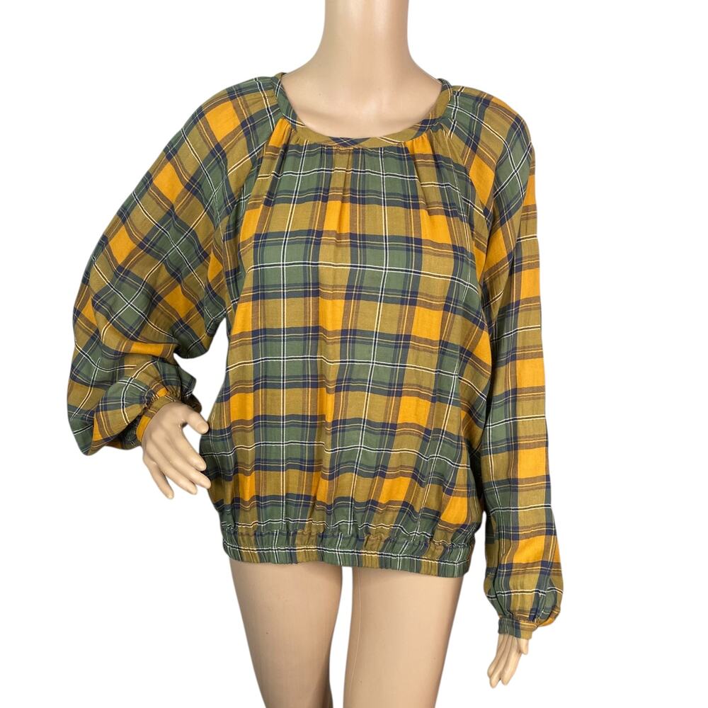 Acote by Cotelac Plaid Flannel Blouse 4 S Back Button Blouson Oversized Cotton